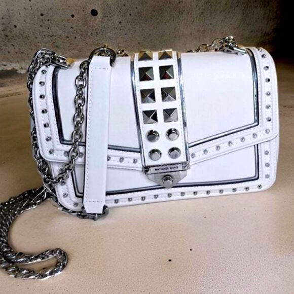 Michael Kors Large Soho Studded Leather Shoulder Bag Optic White/Silver NWOT - Picture 2 of 10